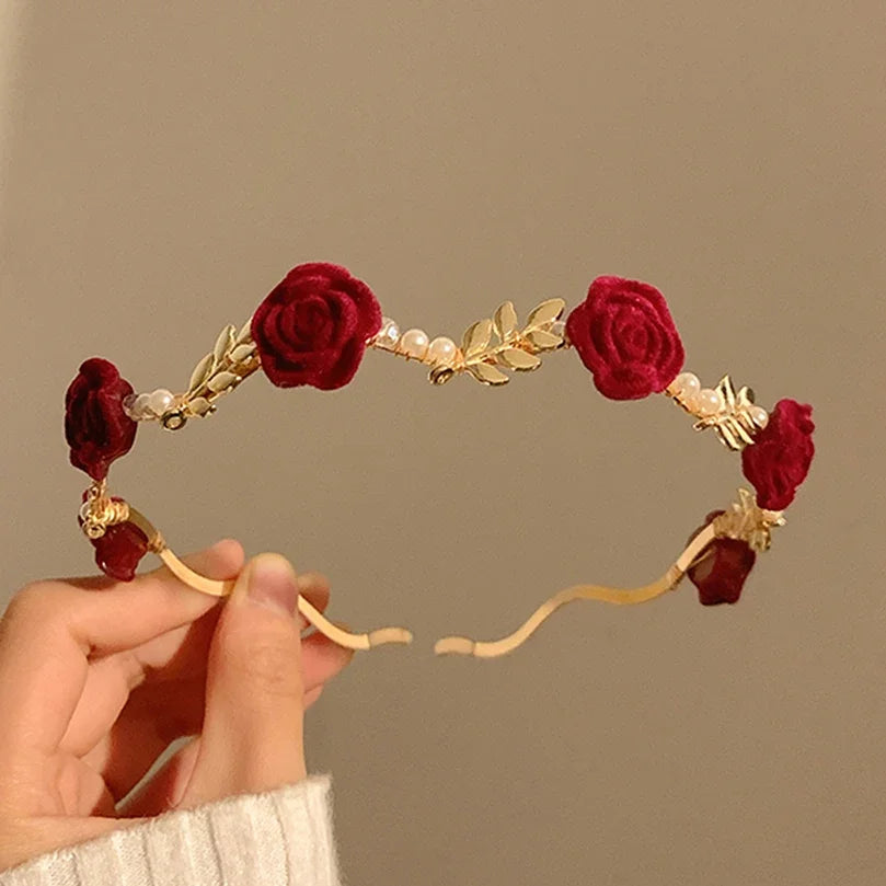 Ladies Elegant Rose Vine Headband Hair Accessories Headdress Girls Vintage Metal Flower Pearl Red Rose Tiara Hairbands