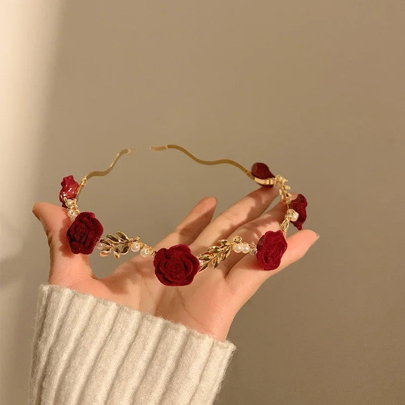 Ladies Elegant Rose Vine Headband Hair Accessories Headdress Girls Vintage Metal Flower Pearl Red Rose Tiara Hairbands